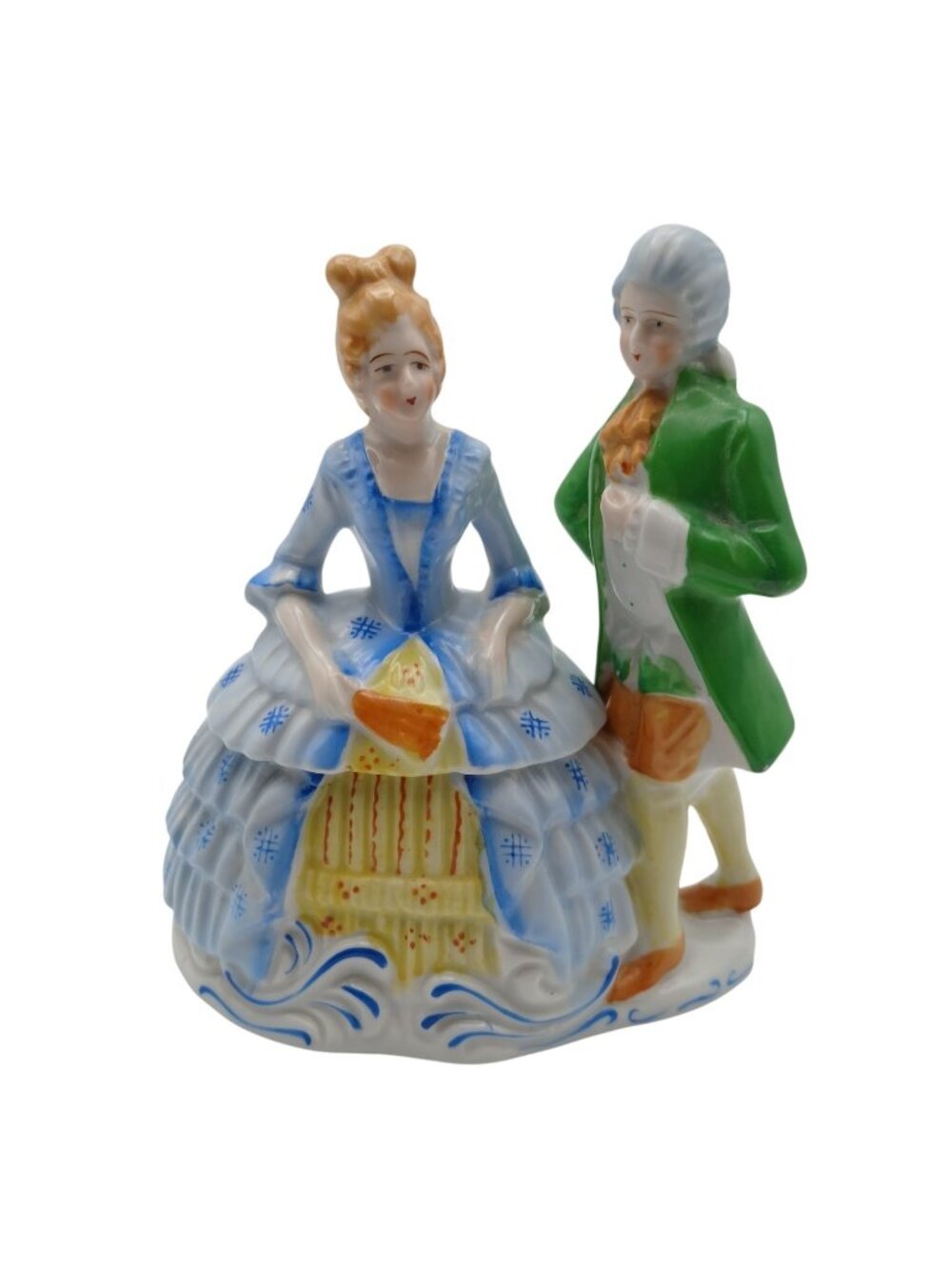 Vintage Courting Couple Half Doll Powder Box Jar Hand Painted Porcelain 6"